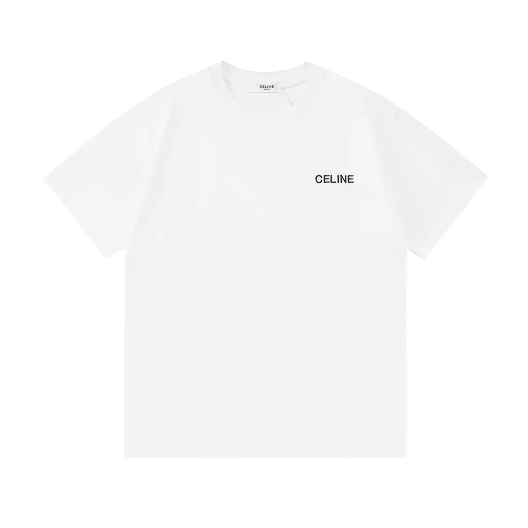 Celine 2026 official website New Arrival Imported machine high-density embroidered small letters logo Men's and women's Same Style short-sleeved T-shirt ·Customized 300 grams of 100% double yarn pure cotton fabric ·Defined dyeing of 32 double-strand threads ·Collar label, hangtag, main mark and three labels complete Color: White Size: XS S M L